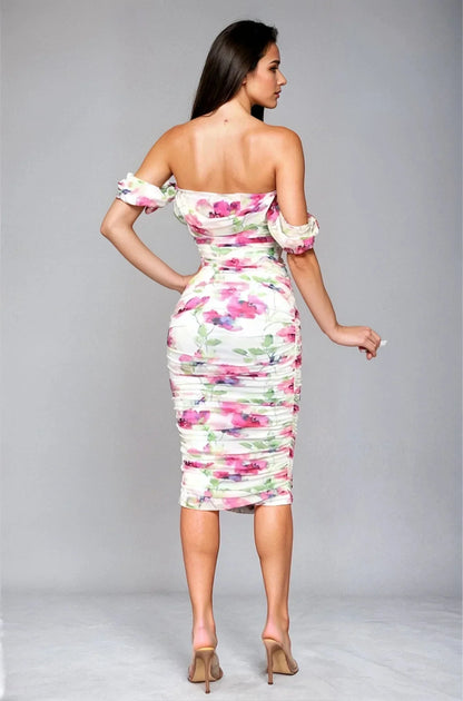 Bloom Allure Off-Shoulder Mesh 
Midi  Dress - Fuchsia Multi