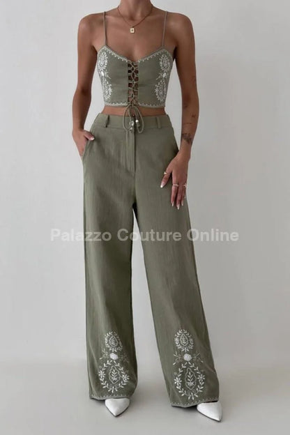 Boho Bloom Embroidered Pant Set- Olive