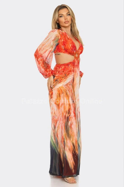 Bora Bora Chiffon Print Cut Out Maxi Dress (Orange)