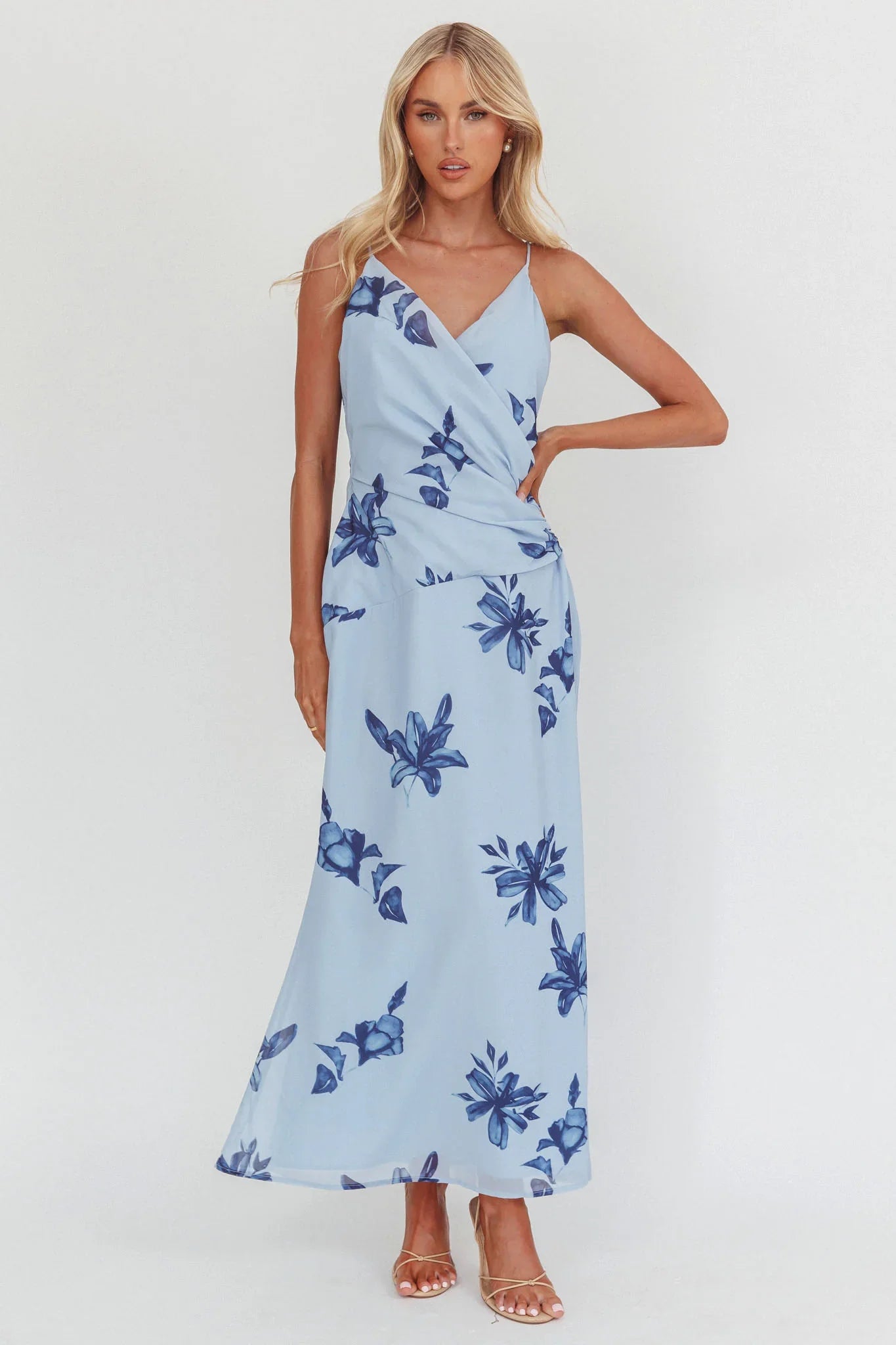 Lexxi Crossover Gathered Waist Maxi Dress Floral Blue