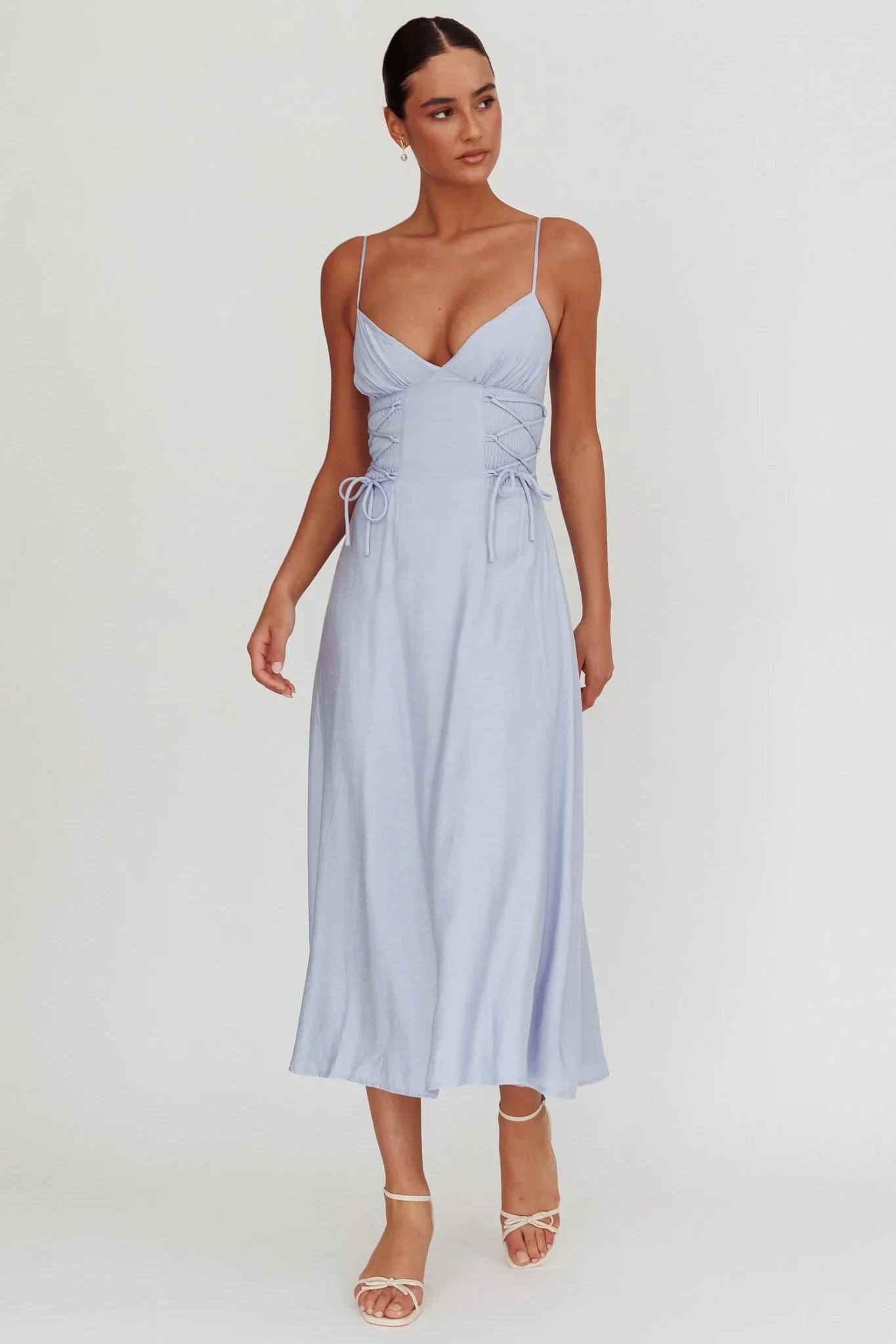 Kalaya Lace-Up Waist Midi Dress Light Blue
