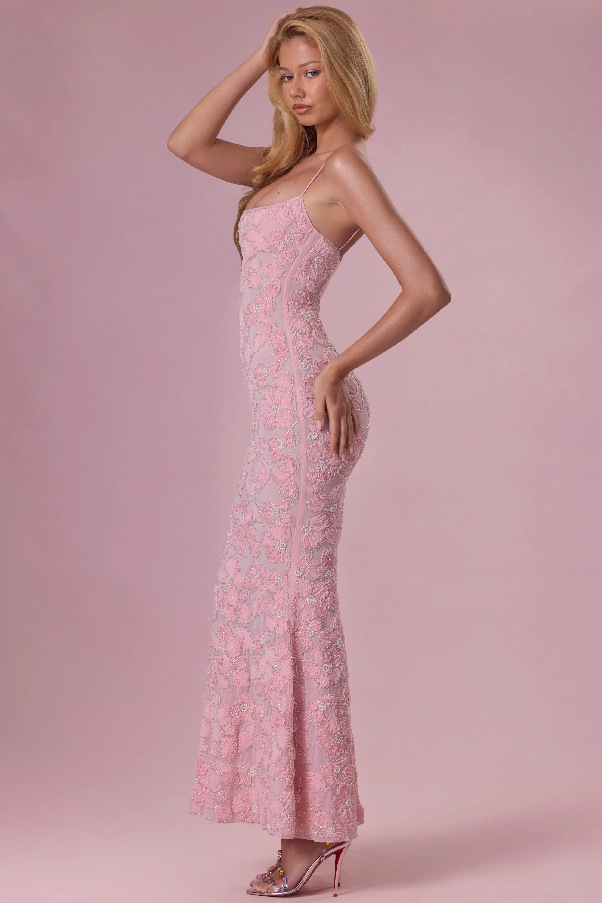 Embellished Square Neck Maxi Dress in Blush Pink