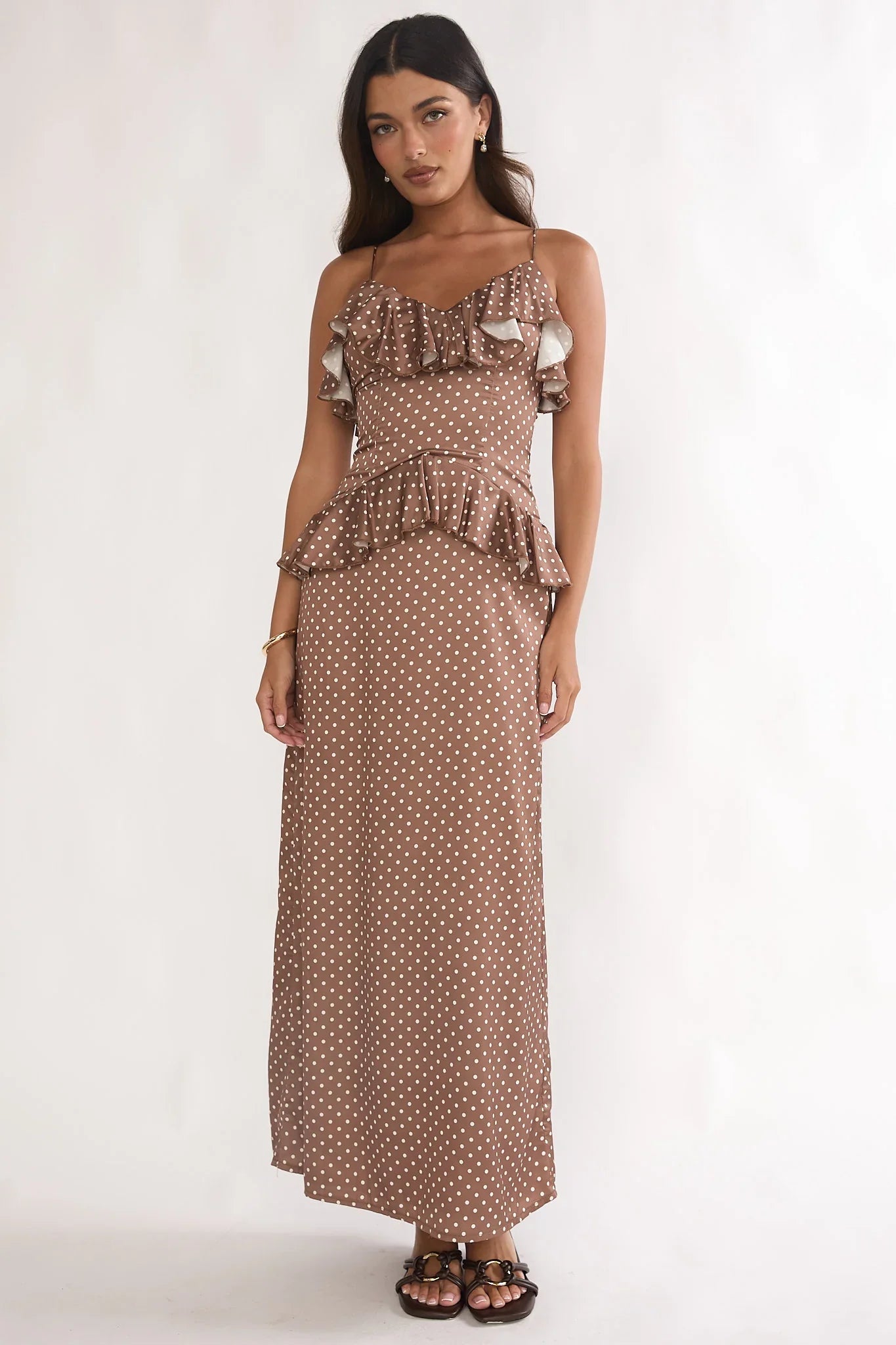 Tahlie Ruffle Trim Maxi Dress Polka Dot Mocha