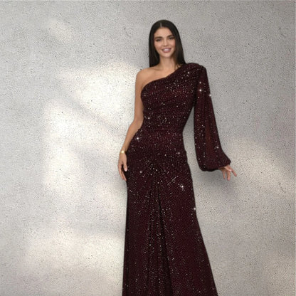 Celestial One Shoulder Gown in Maroon with Shimmer Finish