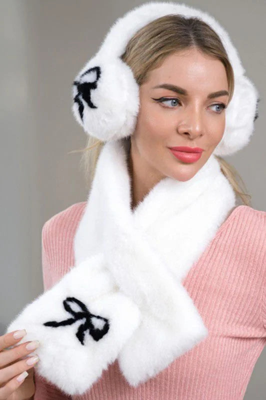 Chic Bow Fluffy Winter Scarf & Ear Muff Set -  White