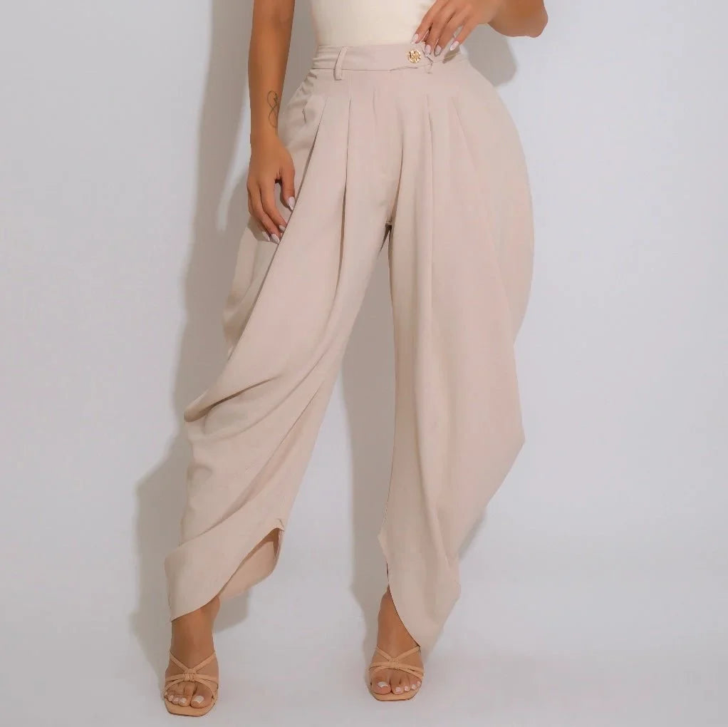 Chic Draped Pleated Pants - Beige