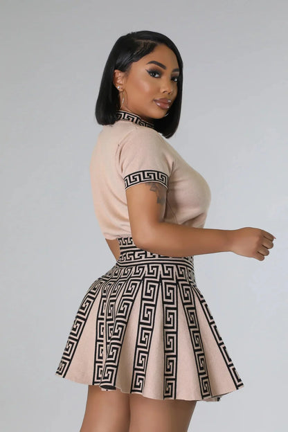 Classy Girl Knit Skirt Set – Taupe Pleated Two-Piece Outfit