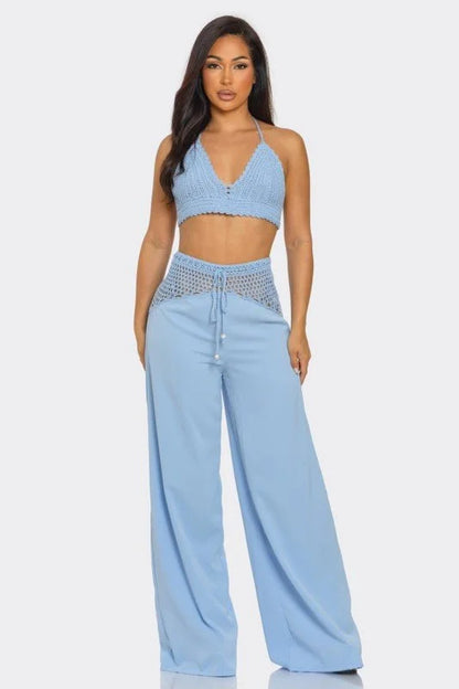 Coastal Breeze Crochet Pant Set-Baby Blue