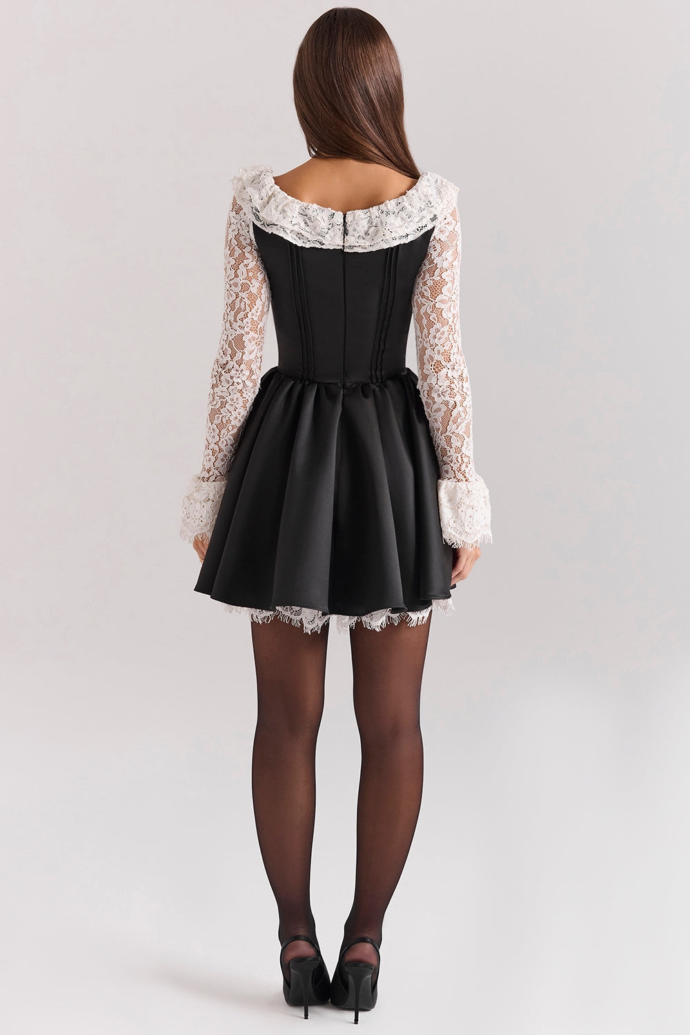black lace ruffle mini dress - sale