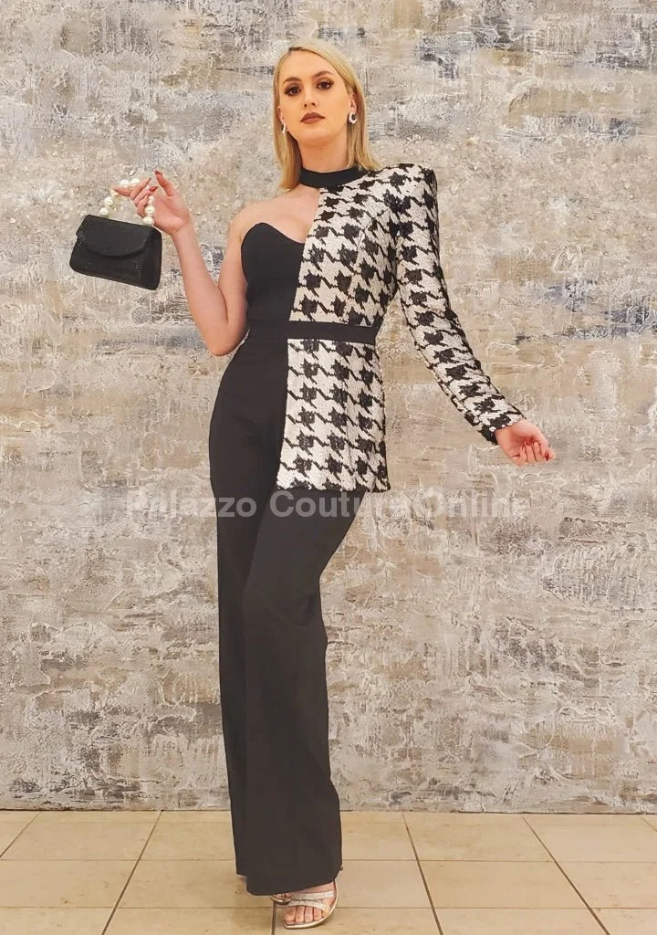 Dale Black & White Houndstooth Sequin Jumpsuit – Single Shoulder
