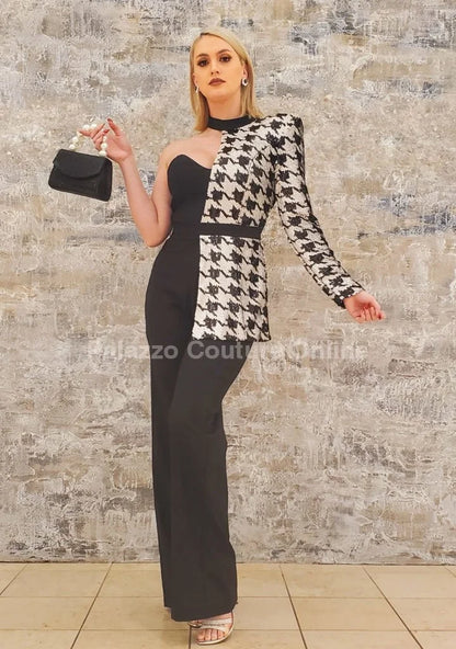 Dale Black & White Houndstooth Sequin Jumpsuit – Single Shoulder