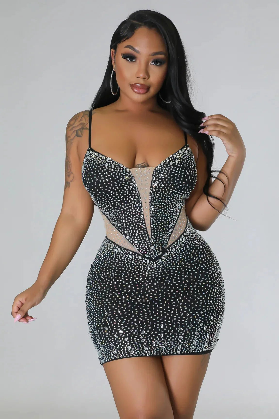 Diamond Kween Rhinestone Dress – Sheer Mesh Glam Mini