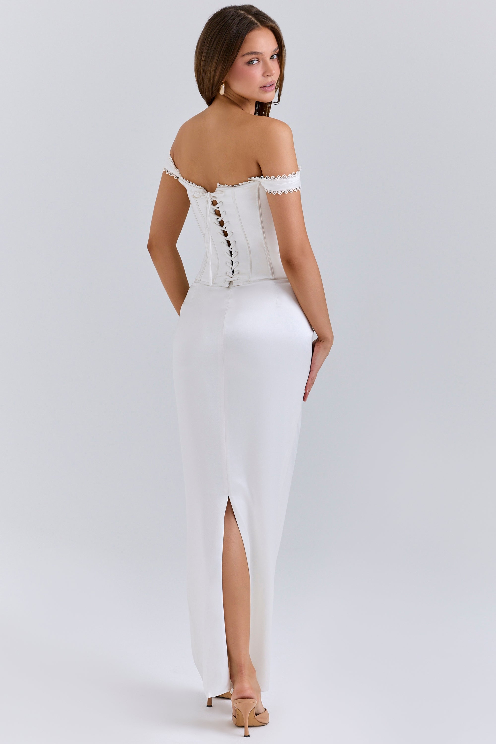 ivory satin corset maxi dress