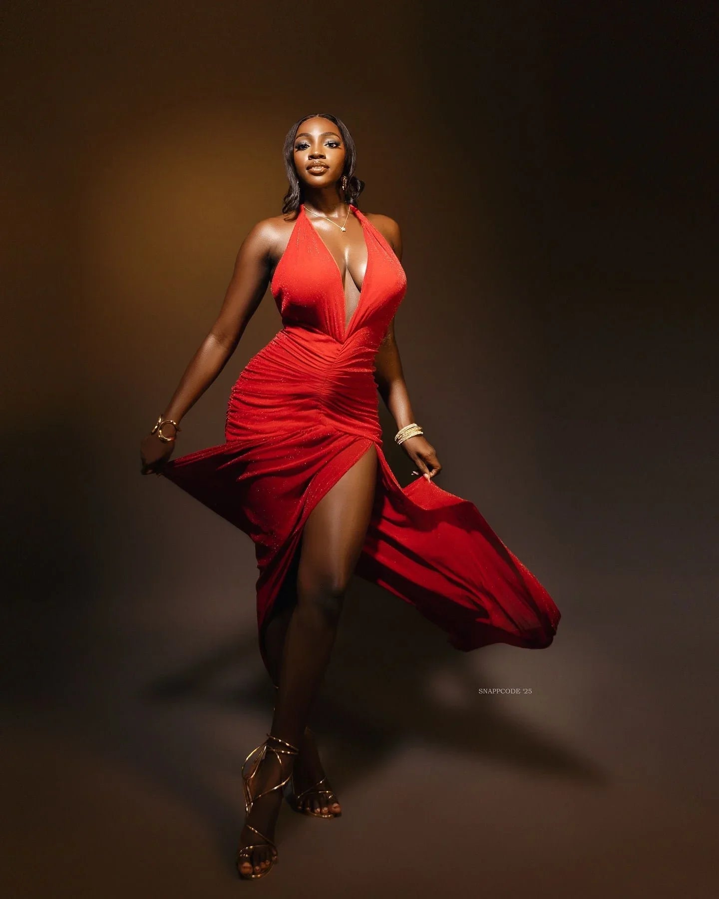Elysian Red Plunge Gown with Ruched Waist & High Slit