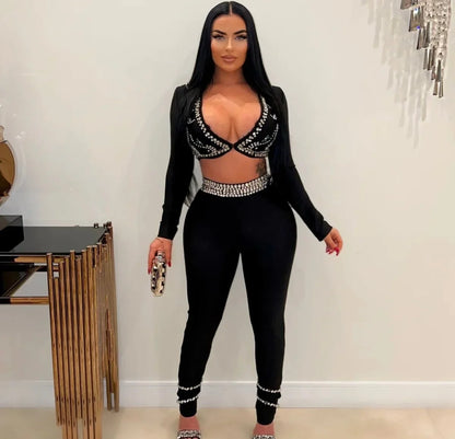 Embellished Two Piece Bandage Pant Set ( Black)