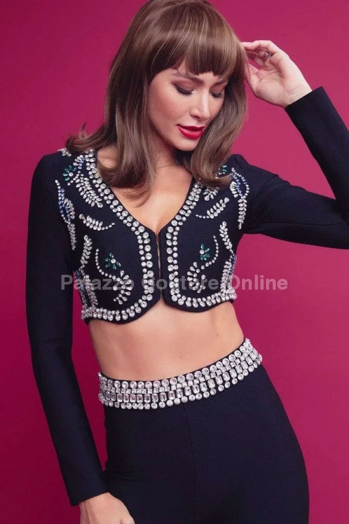 Embellished Two Piece Bandage Pant Set ( Black)