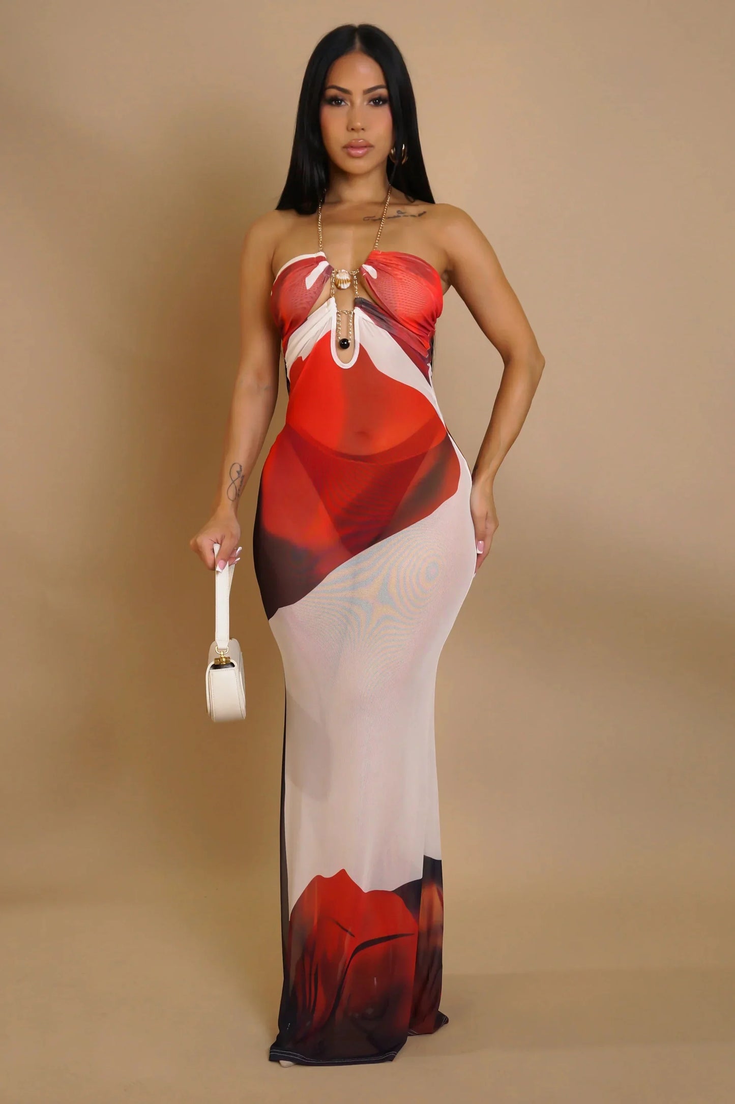 Enchanted Bloom Mesh Maxi Dress - RED/ Off White