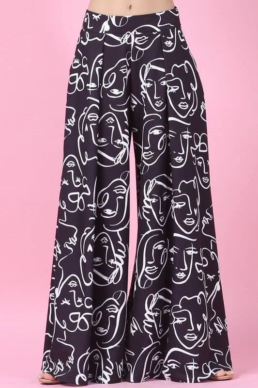 Face Graphic Print Palazzo Pants (Black)
