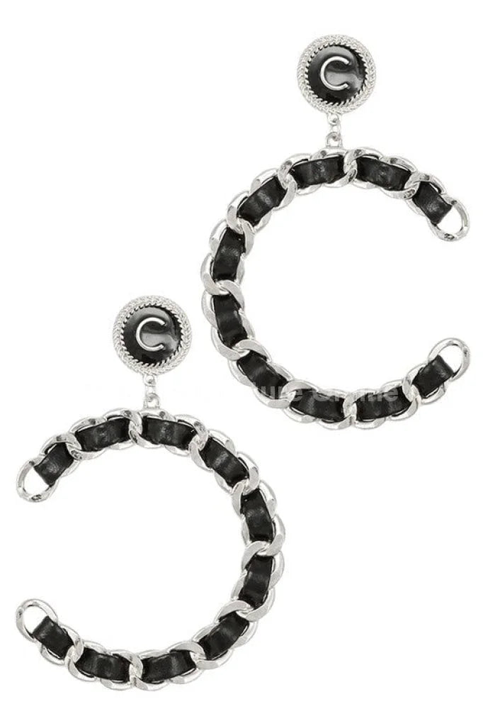 Faux Leather and Chain Braided Hoop Earrings