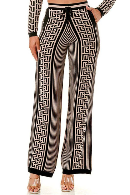 Geometric Elegance Three-Piece Knit Pant Set