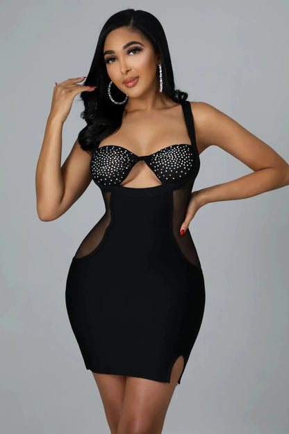 Gessica Black Mini Dress with Rhinestone Detail