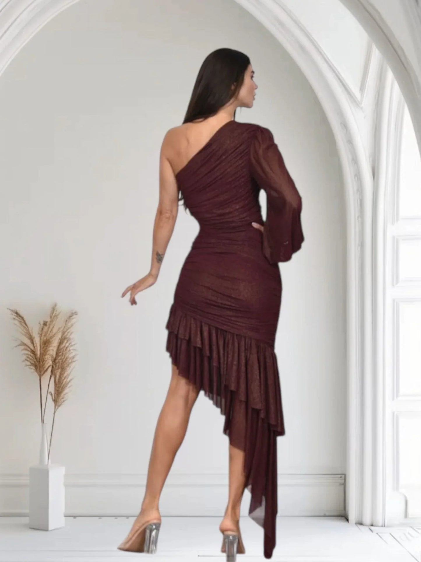 Gilded Allure One Shoulder Dress with Asymmetrical Ruffle Hem (Merlot)