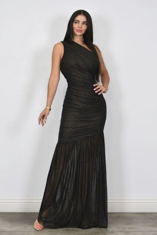 Gilded Radiance One-Shoulder Maxi Dress - Black
