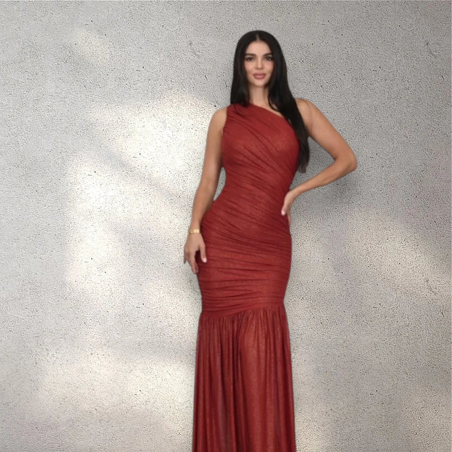 Gilded Radiance One-Shoulder Maxi Dress - Red