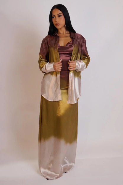 Golden Hour Satin Maxi Dress Set - Green