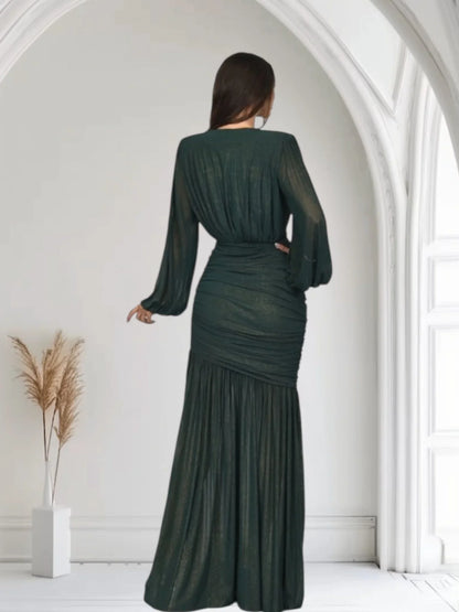 Golden Muse Metallic Foil Maxi Dress - Forest