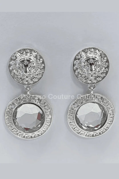 Greek Lion earrings Emblem Drop Earrings with Crystal Detail