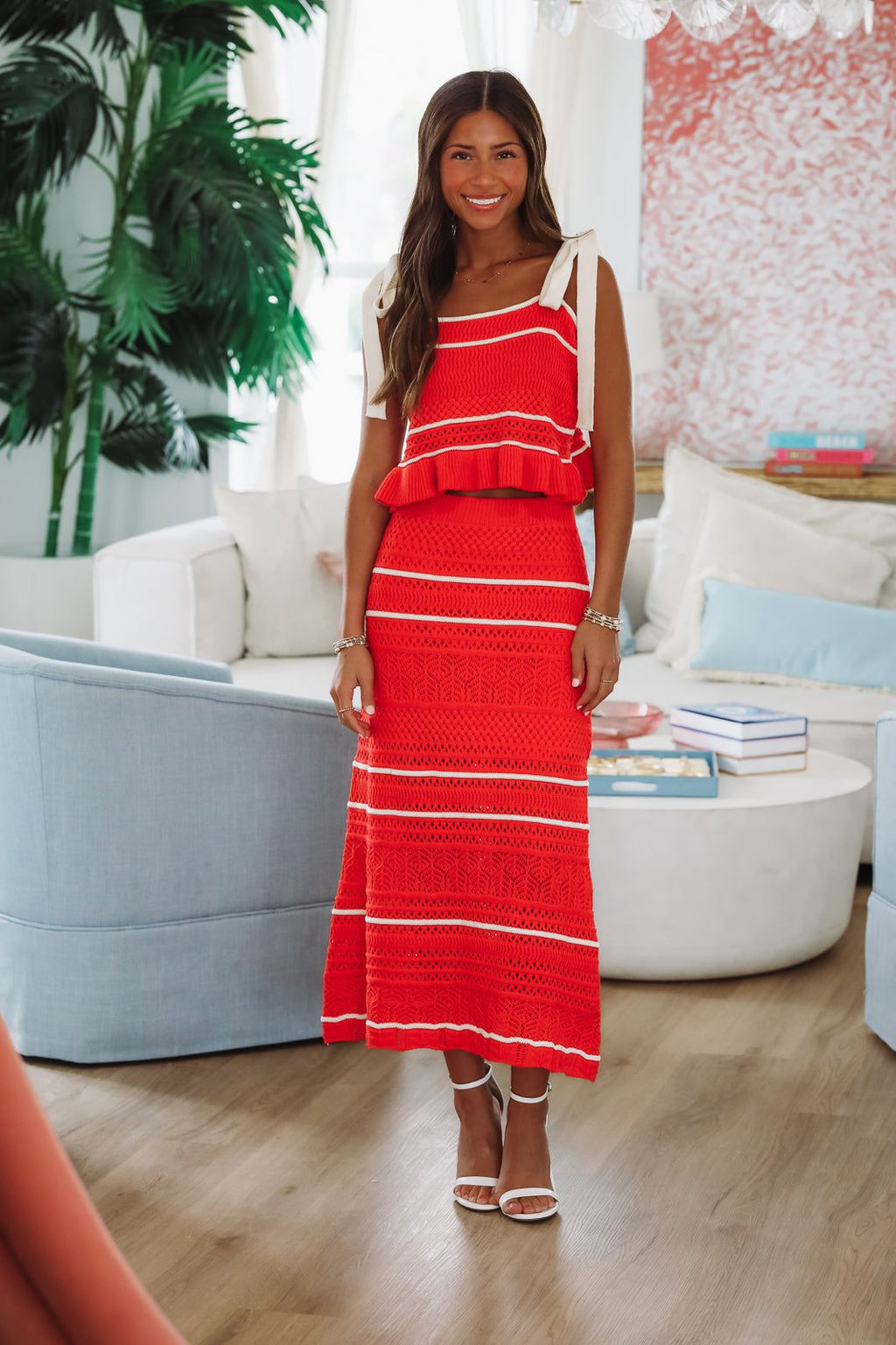 Loving Myself Crochet Knit Midi Skirt - Red and Cream
