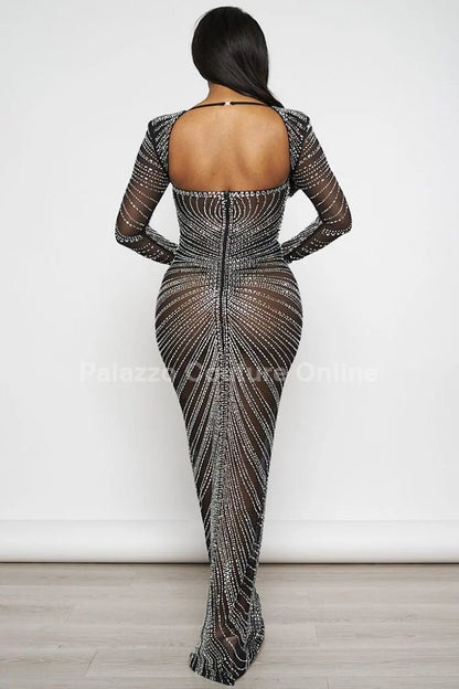 Her Special Black Evening Gown with Rhinestone Embellishment