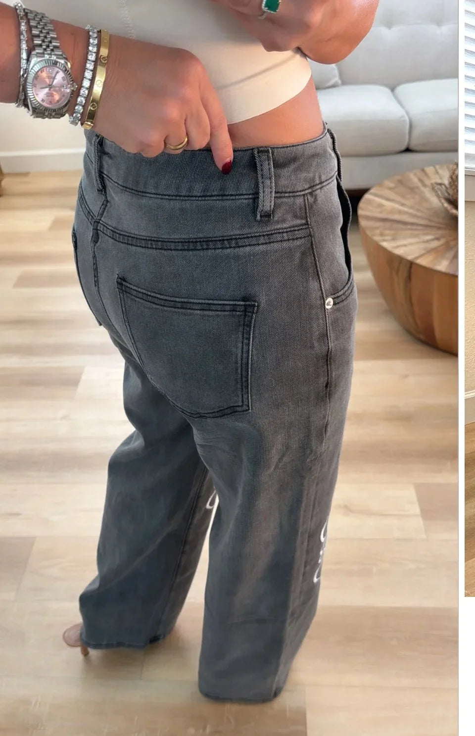 High-Rise Straight Leg Jeans with Embroidered Knee Detail - Gray