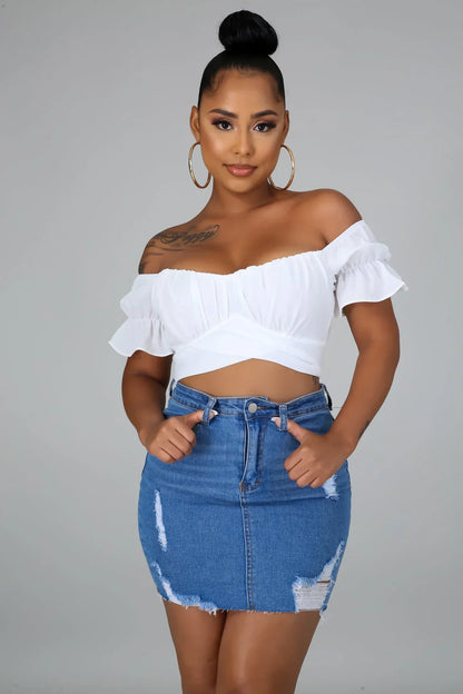 Hot Stuff White Crop Top with Off Shoulder Neckline and Tie Back