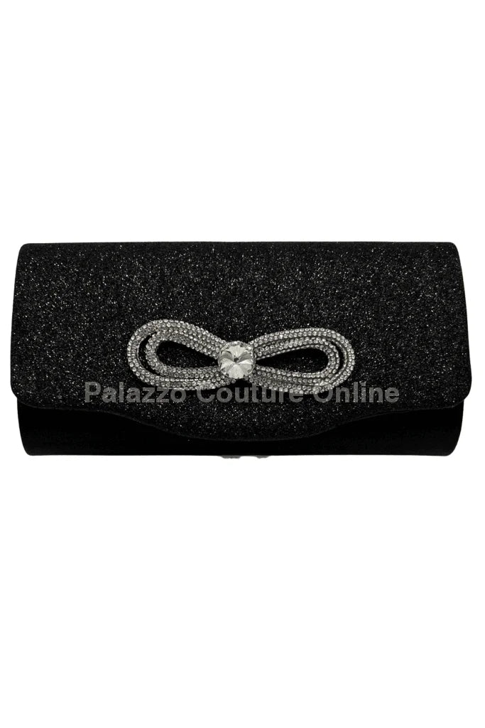 Infinity Glitter Black Bow Clutch with Rhinestone Accent