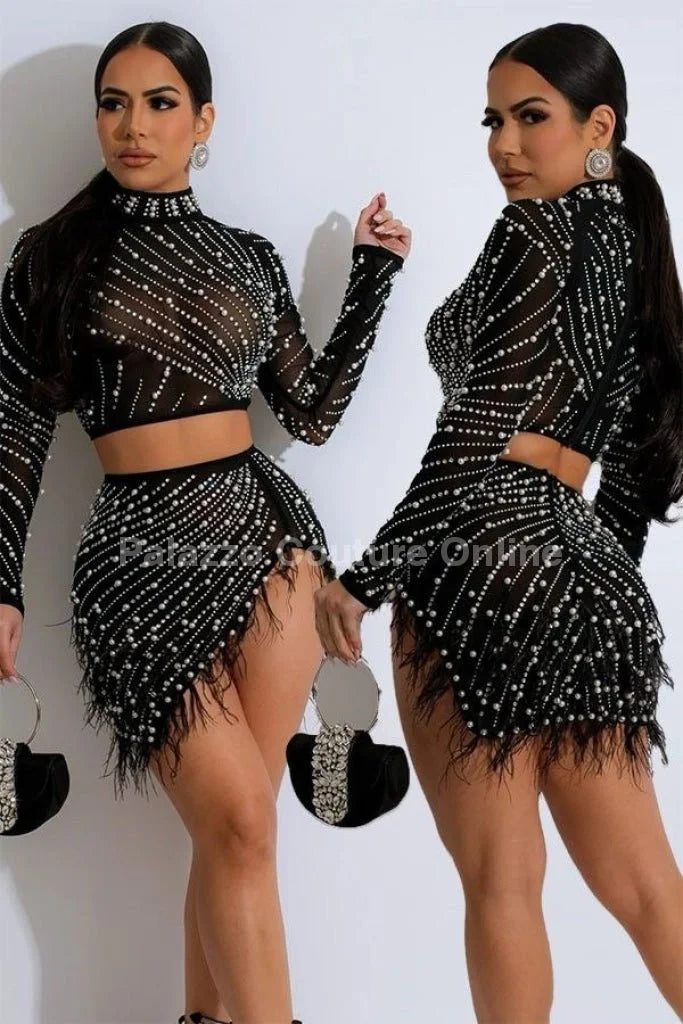 Karla Mesh Skirt Set with Pearls
