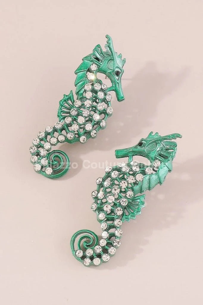 Large Seahorse Earrings Full Rhinestone Drop  (Green)